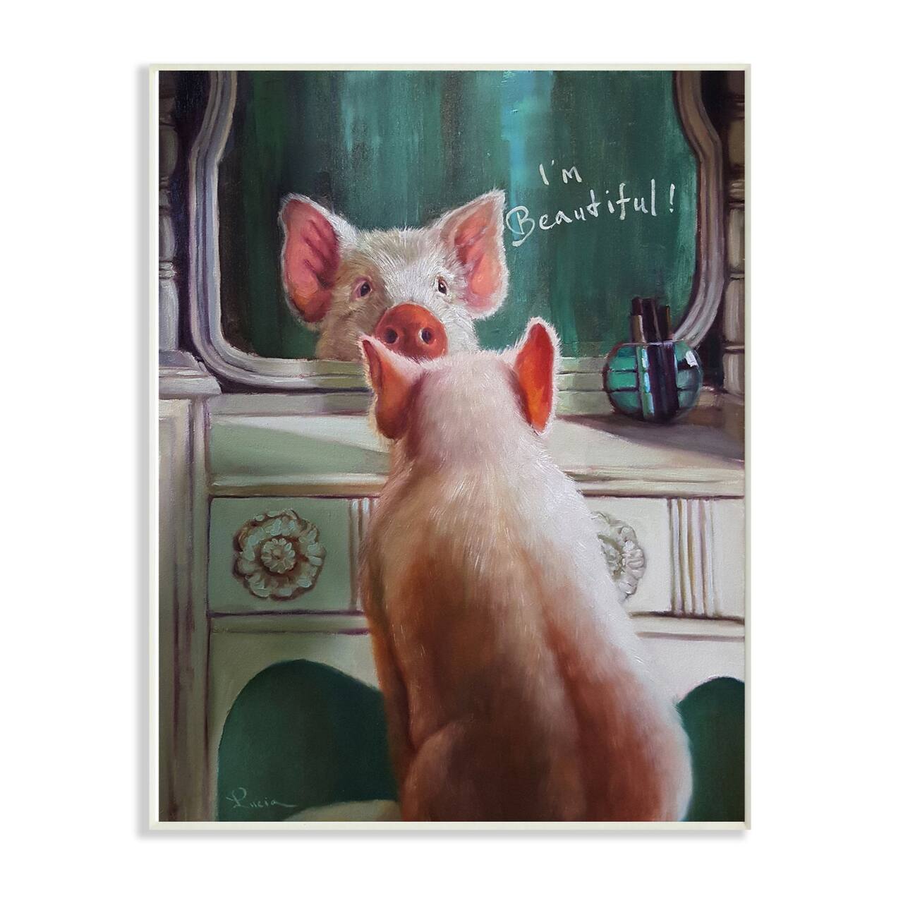Stupell Industries I'm Beautiful Painted Pig in Mirror White Framed Wall Art
